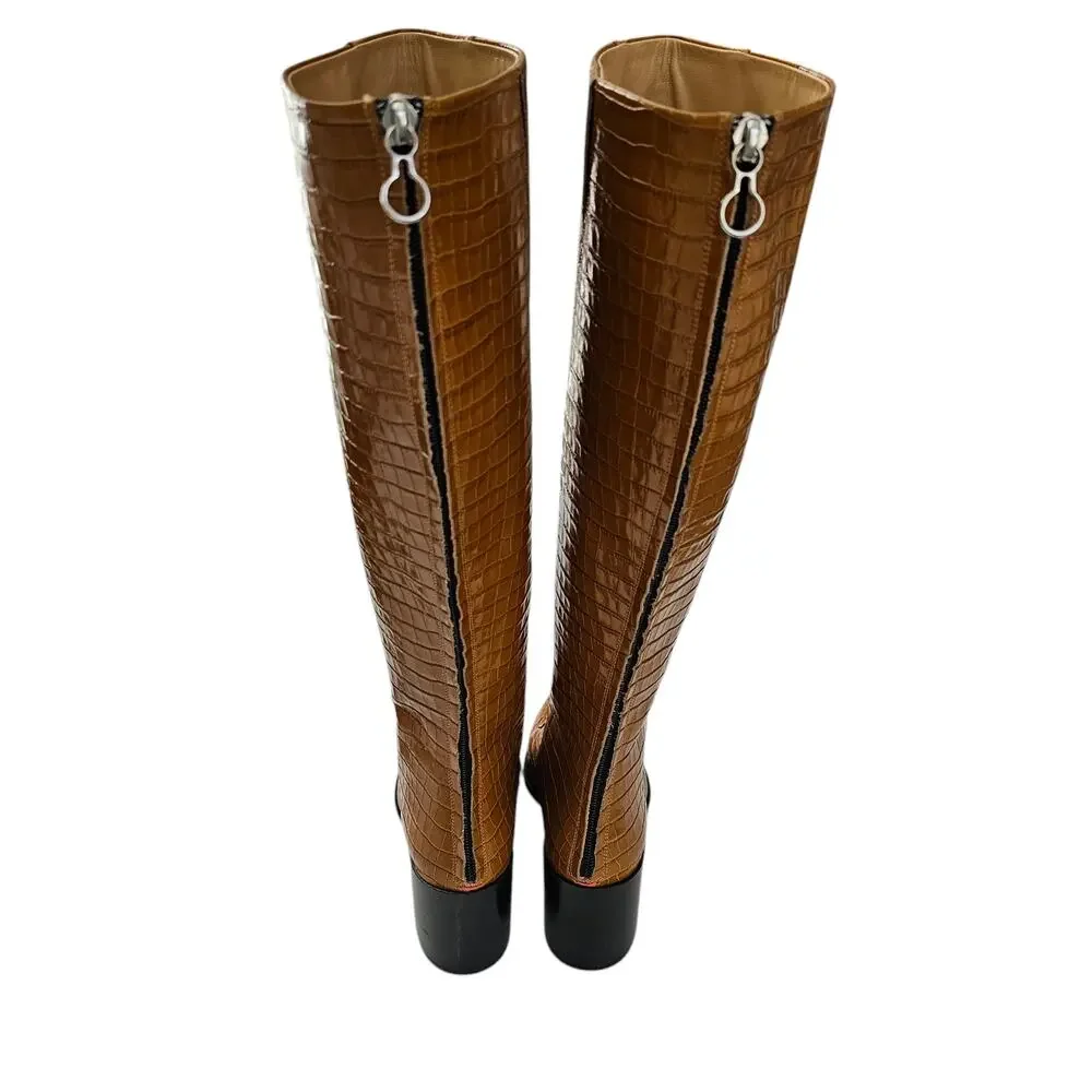 Aeyde Charlie Croc Embossed Knee High Heel Boot Size 36 US 6 Brown Leather Zip